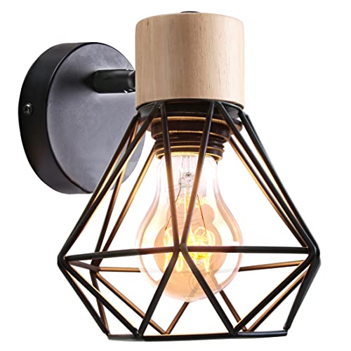iDEGU Vintage Wandlampe 16CM Wandleuchte Industrial Design Geometrischem Käfig Lampenschirm Retro Lampe aus Holz Eisen Verstellbare Deckenleuchte Wandleuchte für Flur Wohnzimmer Küche(Typ-B Schwarz) iDEGU Vintage Wandlampe 16CM Wandleuchte Industrial Design Geometrischem Käfig Lampenschirm Retro Lampe aus Holz Eisen Verstellbare Deckenleuchte Wandleuchte für Flur Wohnzimmer Küche(Typ-B Schwarz) von iDEGU