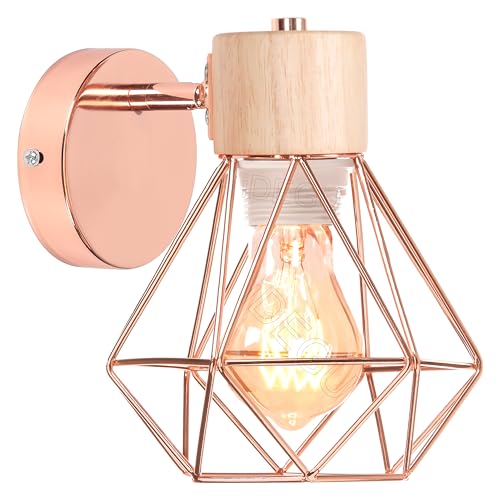 iDEGU Vintage Wandlampe 16CM Wandleuchte Industrial Design Geometrischem Käfig Lampenschirm Retro Lampe aus Holz Eisen Verstellbare Deckenleuchte Wandleuchte für Flur Wohnzimmer Küche(Typ-B Roségold) von iDEGU