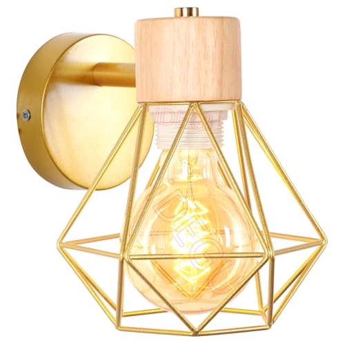 iDEGU Vintage Wandlampe 16CM Wandleuchte Industrial Design Geometrischem Käfig Lampenschirm Retro Lampe aus Holz Eisen Verstellbare Deckenleuchte Wandleuchte für Flur Wohnzimmer Küche(Typ-B Gold) von iDEGU