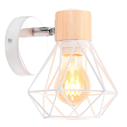 iDEGU Vintage Wandlampe 16CM Wandleuchte Industrial Design Geometrischem Käfig Lampenschirm Retro Lampe aus Holz Eisen Verstellbare Deckenleuchte Wandleuchte für Flur Wohnzimmer Küche(Typ-B Weiß) von iDEGU