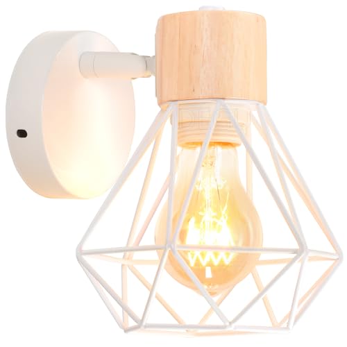iDEGU Vintage Wandlampe 16CM Wandleuchte Industrial Design Geometrischem Käfig Lampenschirm Retro Lampe aus Holz Eisen Verstellbare Deckenleuchte Wandleuchte für Flur Wohnzimmer Küche(Typ-B Weiß) von iDEGU