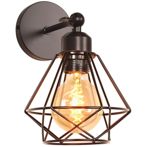iDEGU Vintage Wandlampe 16cm Wandleuchte Industrial Design Geometrischem Käfig Eisen Lampenschirm Retro Lampe Verstellbare Deckenleuchte Wandleuchte für Flur Wohnzimmer Schlafzimmer (Typ-C Schwarz) von iDEGU