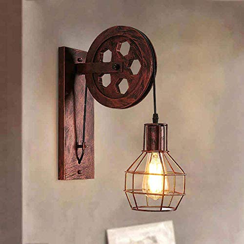 iDEGU Vintage Wandlampe E27 Wandleuchten im Industrial Riemenscheibe Design Retro Lampe aus Metall und Holz Hängelampe Wandlampe für Bar Schlafzimmer Wohnzimmer Restaurant Café Flur - Roter Rost von iDEGU