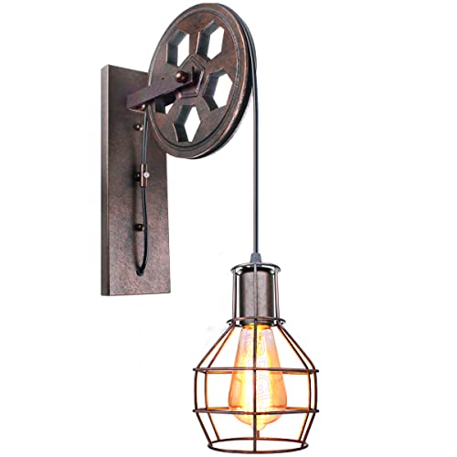 iDEGU Vintage Wandlampe E27 Wandleuchten im Industrial Riemenscheibe Design Retro Lampe aus Metall und Holz Hängelampe Wandlampe für Bar Schlafzimmer Wohnzimmer Restaurant Café Flur - Schwarz Rost von iDEGU