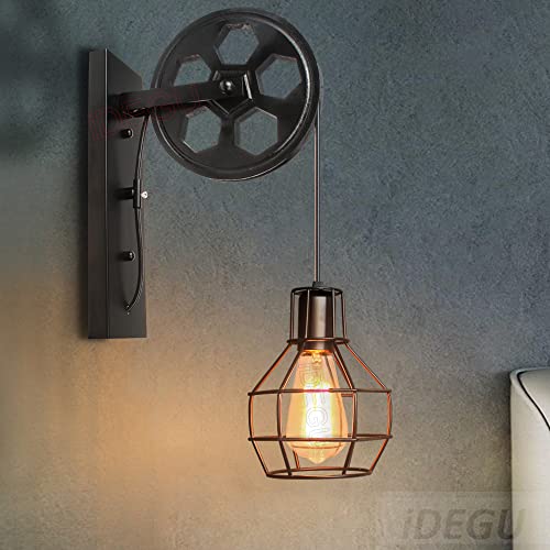 iDEGU Vintage Wandlampe E27 Wandleuchten im Industrial Riemenscheibe Design Retro Lampe aus Metall und Holz Hängelampe Wandlampe für Bar Schlafzimmer Wohnzimmer Restaurant Café Flur - Schwarz von iDEGU