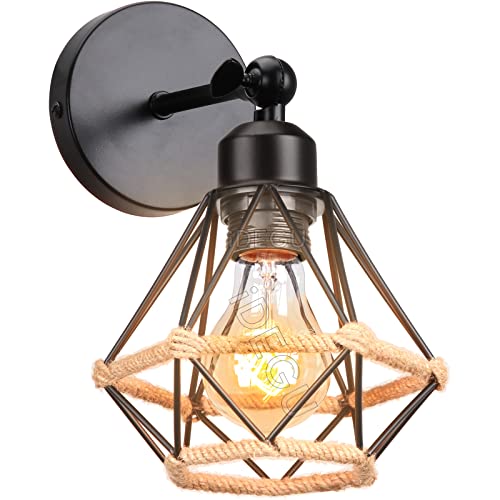 iDEGU Vintage Wandleuchte, Retro Wandlampe Innen im Industrie Design 16cm Käfig Lampenschirm Schwarz aus Metall mit Hanfseil Verstellbare Deckenleuchte Wandleuchte für Schlafzimmer Küche Flur von iDEGU