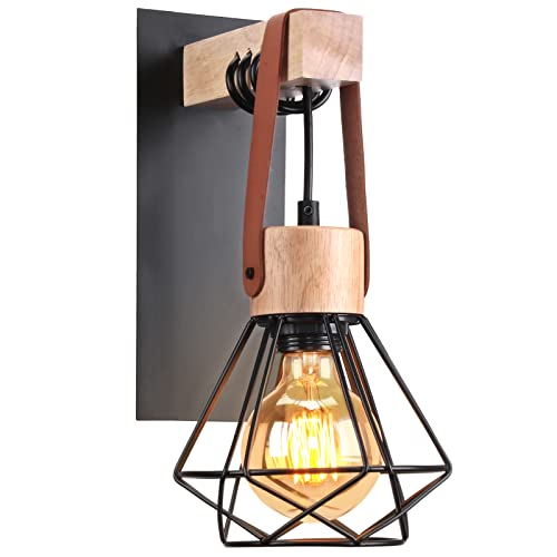 iDEGU Wandlampe Innen Vintage Wandleuchte im Industrial Design aus Holz und Eisen 1-flammig Retro Lampe mit Käfig Schwarz Einstellbare Hängelampe für Wohnzimmer Schlafzimmer Küche Flur (1 Stück) von iDEGU