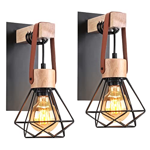 iDEGU Wandlampe Innen Vintage Wandleuchte im Industrial Design aus Holz und Eisen 1-flammig Retro Lampe mit Käfig Schwarz Einstellbare Hängelampe für Wohnzimmer Schlafzimmer Küche Flur (2 Stücke) von iDEGU