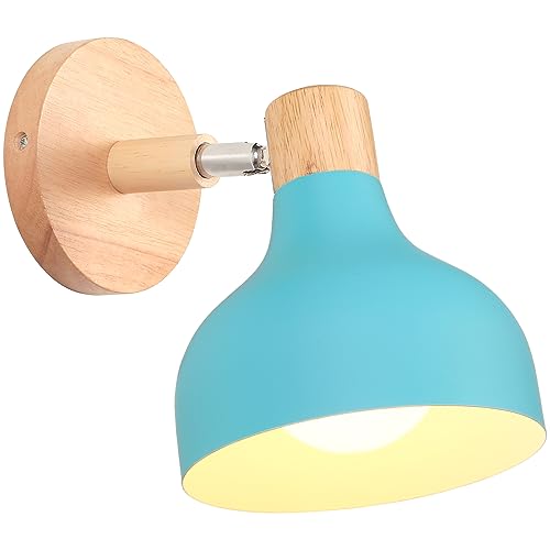 iDEGU Wandlampe Retro E27 Wandleuchte Moderne aus Holz Metall im Skandinavischen Stil Lampenschirm Tropfenförmig Verstellbare Wandspot Vintage Lampe für Schlafzimmer Wohnzimmer (Blau, 1 Stück) von iDEGU