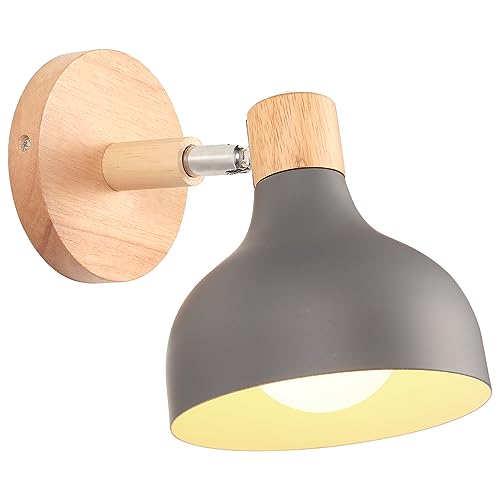 iDEGU Wandlampe Retro E27 Wandleuchte Moderne aus Holz Metall im Skandinavischen Stil Lampenschirm Tropfenförmig Verstellbare Wandspot Vintage Lampe für Schlafzimmer Wohnzimmer (Grau, 1 Stück) von iDEGU