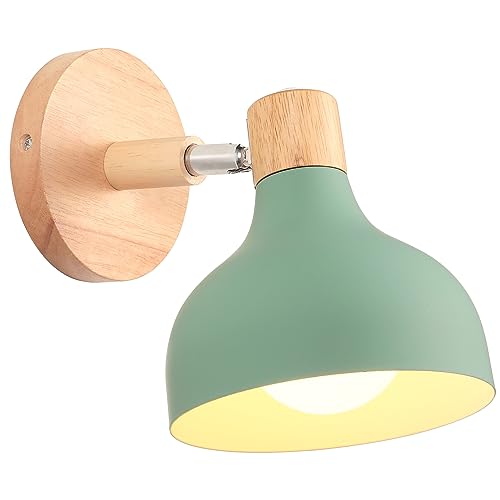 iDEGU Wandlampe Retro E27 Wandleuchte Moderne aus Holz Metall im Skandinavischen Stil Lampenschirm Tropfenförmig Verstellbare Wandspot Vintage Lampe für Schlafzimmer Wohnzimmer (Grün, 1 Stück) von iDEGU