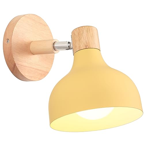 iDEGU Wandlampe Retro E27 Wandleuchte Moderne aus Holz Metall im Skandinavischen Stil Lampenschirm Tropfenförmig Verstellbare Wandspot Vintage Lampe für Schlafzimmer Wohnzimmer (Hellgelb, 1 Stück) von iDEGU