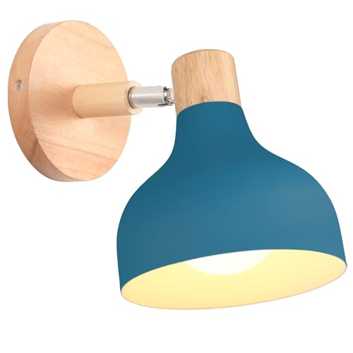 iDEGU Wandlampe Retro E27 Wandleuchte Moderne aus Holz Metall im Skandinavischen Stil Lampenschirm Tropfenförmig Verstellbare Wandspot Vintage Lampe für Schlafzimmer Wohnzimmer (Oxford-blau, 1 Stück) von iDEGU