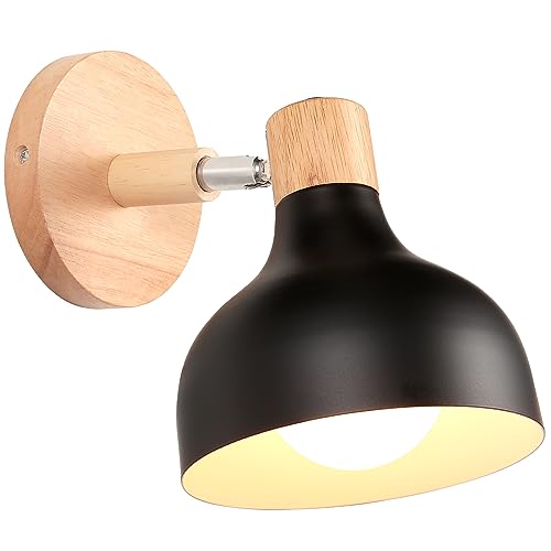 iDEGU Wandlampe Retro E27 Wandleuchte Moderne aus Holz Metall im Skandinavischen Stil Lampenschirm Tropfenförmig Verstellbare Wandspot Vintage Lampe für Schlafzimmer Wohnzimmer (Schwarz, 1 Stück) von iDEGU