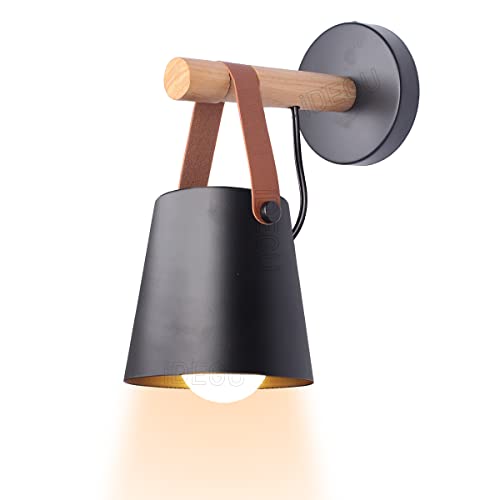 iDEGU Wandlampe Retro Wandleuchte Innen Vintage Lampe in Holz und Metall E27 Hängelampe Wandleuchte für Schlafzimmer Flur Wohnzimmer (1 Stück, Schwarz) von iDEGU