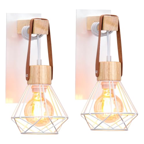 iDEGU Wandlampen Innen Vintage Wandleuchte im Industrial Design aus Holz und Eisen 1-flammig Retro Lampe mit Käfig Weiß Einstellbare Hängelampe für Wohnzimmer Schlafzimmer Küche Flur (2 Stücke) von iDEGU