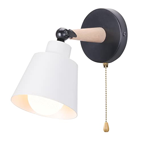 iDEGU Wandleuchte Innen Retro Wandlampe aus Holz und Metall mit Schalter Verstellbar Wandspot Moderne Wandleuchte für Schlafzimmer Flur Eingang Wohnzimmer (Matt Weiß) von iDEGU