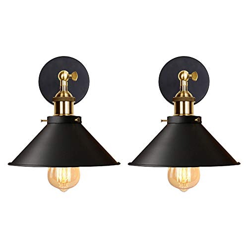 iDEGU 2 Stück Wandleuchte Industrielle Vintage Wandlampe Deckenleuchte Edison-Stil Metall Retro Lampe mit 180° Drehung E27 Fassung, 22 cm Lampenschirm (Schwarz) von iDEGU