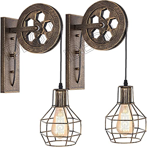 iDEGU Wandleuchte Industrielle, 1 flammige Deckenlampe Vintage Riemenscheibe Stil E27 Lampe aus Holz und Eisen Retro Hängelampe für Wohnzimmer Restaurant Bar – Rost Bronze (2 Stück) von iDEGU