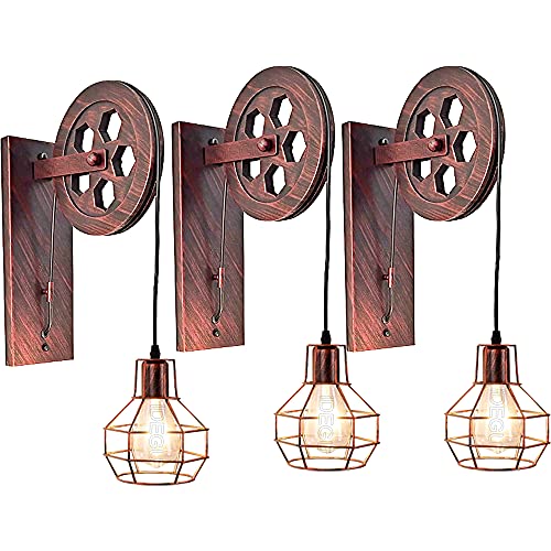 iDEGU Wandleuchte Industrielle, 1 flammige Deckenlampe Vintage Riemenscheibe Stil E27 Lampe aus Holz und Eisen Retro Hängelampe für Wohnzimmer Restaurant Bar – Rost Rot (3 Stück) von iDEGU