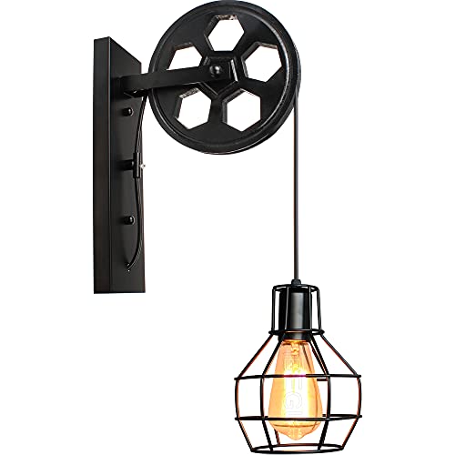 iDEGU Wandleuchte Industrielle, 1 flammige Deckenlampe Vintage Riemenscheibe Stil E27 Lampe aus Holz und Eisen Retro Hängelampe für Wohnzimmer Restaurant Bar – Schwarz (1 Stück) von iDEGU