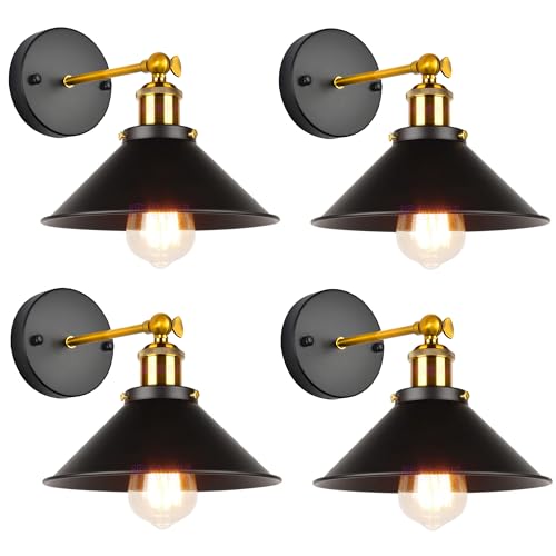 iDEGU Wandleuchte Industrielle Vintage Wandlampe Deckenleuchte Edison-Stil Metall Retro Lampe mit 180° Drehung E27 Fassung, 22 cm Lampenschirm (4x Schwarz) von iDEGU