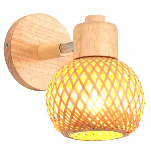 iDEGU Wandleuchte Innen E27 Wandlampe aus Holz Retro Lampenschirm aus Bambus Bohème-Stil Nachttischlampe Verstellbare Wandspot Rattan Lampe für Schlafzimmer Wohnzimmer Flur Esszimmer (13cm) von iDEGU