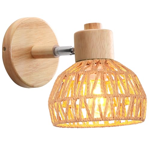 iDEGU Wandleuchte Innen Retro Wandlampe aus Holz Rattan Halbkreis Lampenschirm Vintage E27 Verstellbare Wandspot Industrie Lampe für Schlafzimmer Wohnzimmer Flur Café (15cm, Braun Rattan) von iDEGU