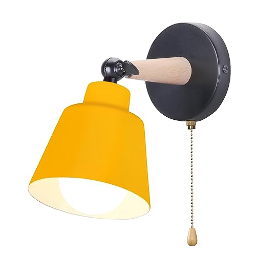 iDEGU Wandleuchte Innen Retro Wandlampe aus Holz und Metall mit Schalter Verstellbar Wandspot Moderne Wandleuchte für Schlafzimmer Flur Eingang Wohnzimmer (Matt Gelb) von iDEGU