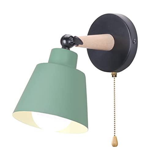 iDEGU Wandleuchte Innen Retro Wandlampe aus Holz und Metall mit Schalter Verstellbar Wandspot Moderne Wandleuchte für Schlafzimmer Flur Eingang Wohnzimmer (Matt Grün) von iDEGU