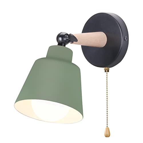 iDEGU Wandleuchte Innen Retro Wandlampe aus Holz und Metall mit Schalter Verstellbar Wandspot Moderne Wandleuchte für Schlafzimmer Flur Eingang Wohnzimmer (Matt Olivgrün) von iDEGU