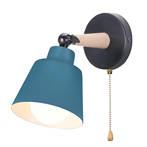 iDEGU Wandleuchte Innen Retro Wandlampe aus Holz und Metall mit Schalter Verstellbar Wandspot Moderne Wandleuchte für Schlafzimmer Flur Eingang Wohnzimmer (Matt Oxford Blau) von iDEGU