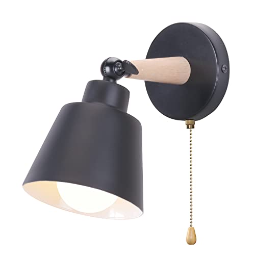 iDEGU Wandleuchte Innen Retro Wandlampe aus Holz und Metall mit Schalter Verstellbar Wandspot Moderne Wandleuchte für Schlafzimmer Flur Eingang Wohnzimmer (Matt Schwarz) von iDEGU