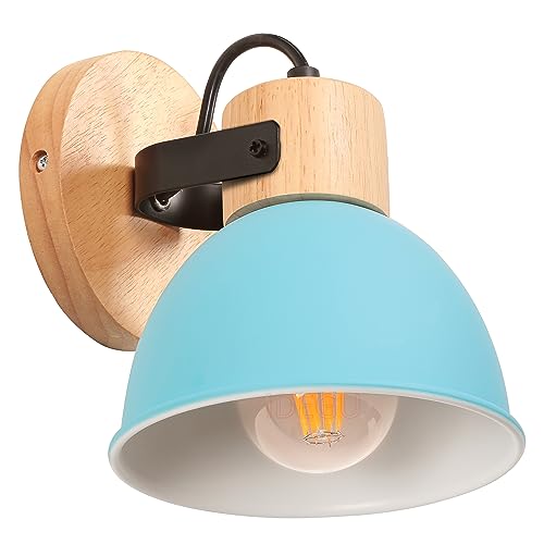 iDEGU Wandleuchte Innen Vintage Wandlampe aus Holz und Eisen Industrie Design Lampe Retro Wandstrahler Verstellbare Deckenleuchte Wandspot Wohnzimmer Schlafzimmer Küche (Blau) von iDEGU