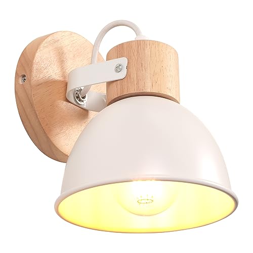 iDEGU Wandleuchte Innen Vintage Wandlampe aus Holz und Eisen Industrie Design Lampe Retro Wandstrahler Verstellbare Deckenleuchte Wandspot Wohnzimmer Schlafzimmer Küche (Mattes Weiß) von iDEGU