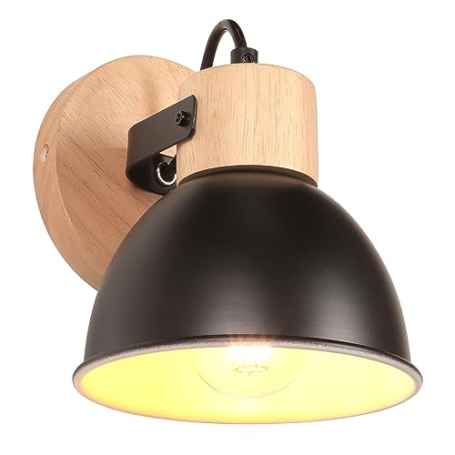 iDEGU Wandleuchte Innen Vintage Wandlampe aus Holz und Eisen Industrie Design Lampe Retro Wandstrahler Verstellbare Deckenleuchte Wandspot Wohnzimmer Schlafzimmer Küche (Schwarz, weißes Interieur) von iDEGU