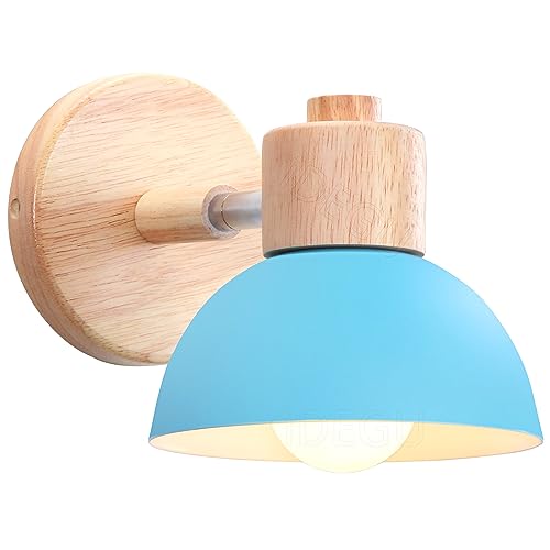 iDEGU Wandleuchte Moderne Innen Wandlampe aus Holz Metall Halbkreis Lampenschirm E27 Verstellbare Wandspot Vintage Lampe für Schlafzimmer Wohnzimmer (1 Stück, Blau) von iDEGU