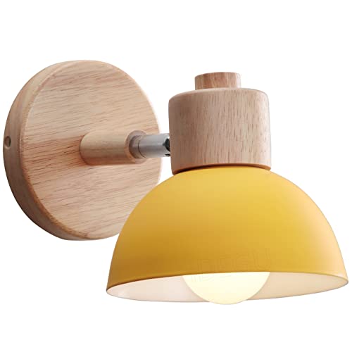 iDEGU Wandleuchte Moderne Innen Wandlampe aus Holz Metall Halbkreis Lampenschirm E27 Verstellbare Wandspot Vintage Lampe für Schlafzimmer Wohnzimmer (1 Stück, Gelb) von iDEGU