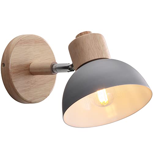 iDEGU Wandleuchte Moderne Innen Wandlampe aus Holz Metall Halbkreis Lampenschirm E27 Verstellbare Wandspot Vintage Lampe für Schlafzimmer Wohnzimmer (1 Stück, Grau) von iDEGU