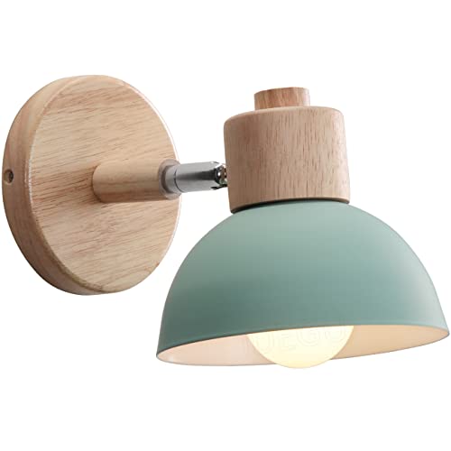 iDEGU Wandleuchte Moderne Innen Wandlampe aus Holz Metall Halbkreis Lampenschirm E27 Verstellbare Wandspot Vintage Lampe für Schlafzimmer Wohnzimmer (1 Stück, Grün) von iDEGU