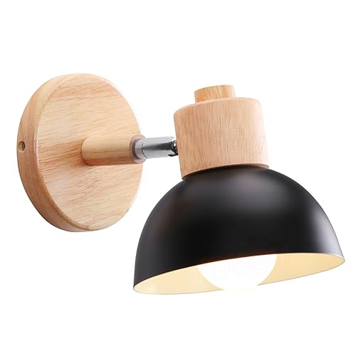 iDEGU Wandleuchte Moderne Innen Wandlampe aus Holz Metall Halbkreis Lampenschirm E27 Verstellbare Wandspot Vintage Lampe für Schlafzimmer Wohnzimmer (1 Stück, Schwarz) von iDEGU