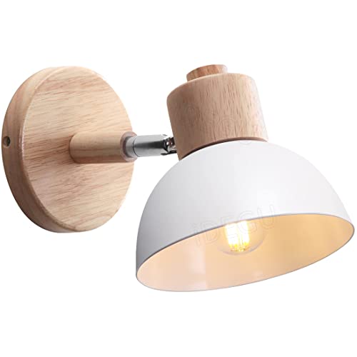 iDEGU Wandleuchte Moderne Innen Wandlampe aus Holz Metall Halbkreis Lampenschirm E27 Verstellbare Wandspot Vintage Lampe für Schlafzimmer Wohnzimmer (1 Stück, Weiß) von iDEGU