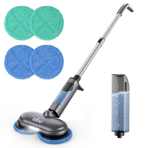 iDOO Kabellos Elektrischer Mopp Bodenwischer, Akku Wischmopp Elektrische Poliermaschine mit Sprühfunktion, 350ml Wassertank, LED Beleuchtung, Doppelrotationsmopp Wischen Ohne ​Kraftaufwand, Grau von iDOO