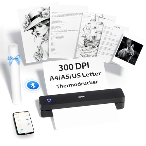 iDPRT MT610 Tragbarer Thermodrucker,Mobiler Drucker A4 für Unterwegs,A4 Kompatibel mit Windows,iOS,Android, 300dpi Monochromer Reisedrucker für Hause, Lernen, Schwarz von iDPRT