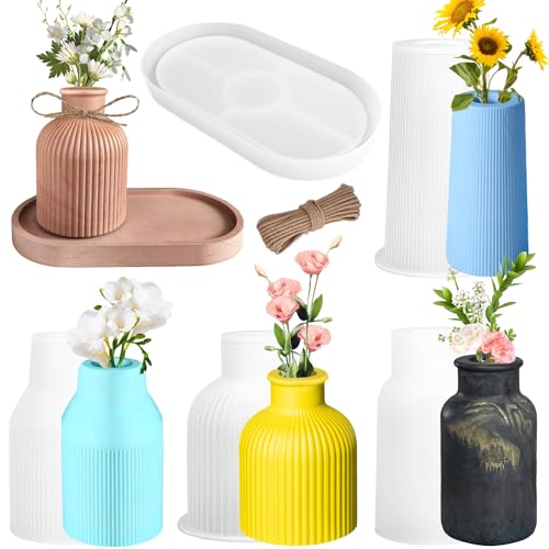 6 Stück Vase Silikonform Gießformen,4 Vase+1 Paletten+1 Juteschnur,Epoxy Resin Moulds Flower Vase Silicone,Vase Gießformen,Blumenvase Silikonformen,Handgefertigte Silikonform von iDattel