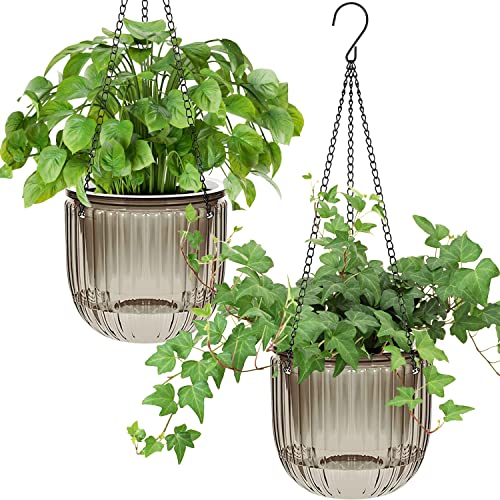 iDattel 2er Set Selbstbewässernd Blumenampel Hängeampel Blumentopf Pflanzen,16.5cm Indoor hängende Blumentöpfe mit 3Hooks Entwässerungslöcher für Innen Außen Decken Balkone Wanddekoration（Grau） von iDattel