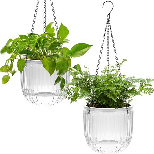 2er Set Selbstbewässernd Blumenampel Hängeampel Blumentopf Pflanzen,16.5cm Indoor hängende Blumentöpfe mit 3Hooks Entwässerungslöcher für Innen Außen Decken Balkone Wanddekoration（weiß） von iDattel