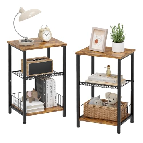 iDavosic.ly Beistelltisch Schwarz Metall, 3 Ebenen Kleiner Beistelltische Holz, Nachttisch 2er Set Nightstand Side Table Couchtisch für Outdoor Wohnzimmer Schlafzimmer Büro Vintagebraun - 2 von iDavosic.ly