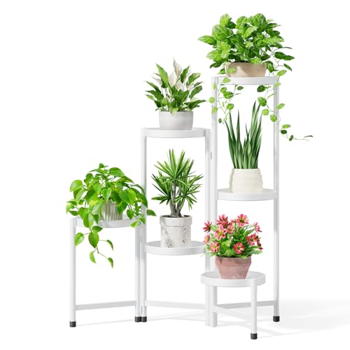 iDavosic.ly Pflanzenständer Metall mit 6 Etagen, Blumenständer Pflanzenregal Blumenregal Indoor Outdoor, Faltbar Blumentreppen Innen Plant Stand Shelf für Garten Balkon Wohnzimmer (Rund, Weiß) von iDavosic.ly