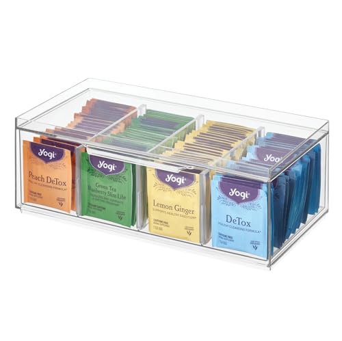 iDesign Teebeutel Aufbewahrungsbox, Tee Aufbewahrung mit 4 Fächern, Deckel und Schubladenfunktion aus Kunststoff, stapelbare Teebox mit verstellbaren Trennwänden, durchsichtig von InterDesign